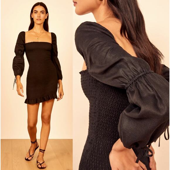 Reformation M Hilary 100% Linen Mini Dress Long Sleeve Bodycon Square Neck Black - Picture 1 of 8